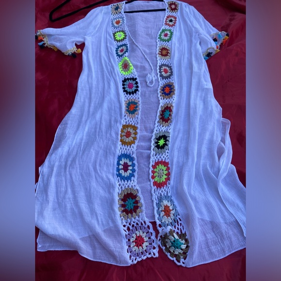 Cleo Multi-Colour Long Crochet Trim Kimono Womens White Size S - Picture 8 of 9